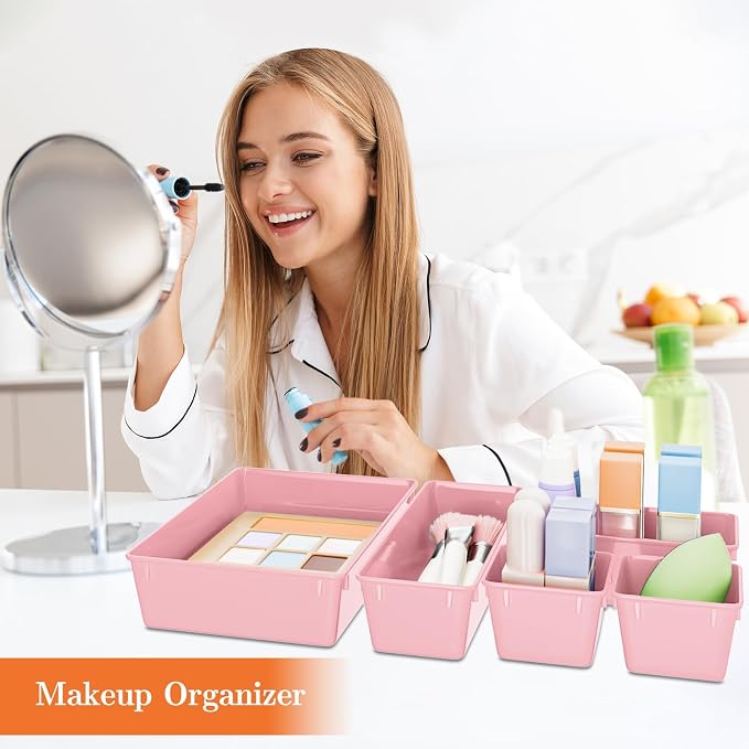 SpaceHacks 25 PCS Plastic Drawer Organizer Set, 4-Size Versatile Organizer Trays & storage Bins for Makeup, Jewelry, and Gadgets in Bathroom, Bedroom and Office, Pink