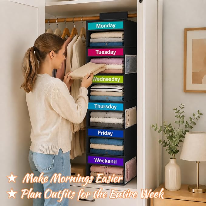 Weekly Clothes Organizer for Closet, 6-Shelf Hanging Closet Organizer with 6 Side Pockets(Black)