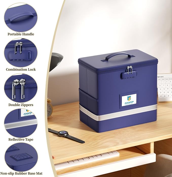Fireproof File Box with Lock, Collapsible Document Organizer, Blue | Suitable for Hanging Folders in Letter Size, Reflective Strip for Fast Find, Home Office Safe Protection,12.2"x6"x10.2"