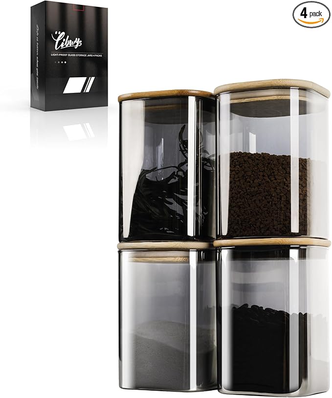 LIBWYS 4-Pack Anti-UV Square Glass Storage Jars with Bamboo Lids (1.22Qt) | Light Resistant Containers (LRC) for Pantry Organization, Coffee Beans, Loose Tea, Sugar, Pet Food | Kitchen Canisters Set