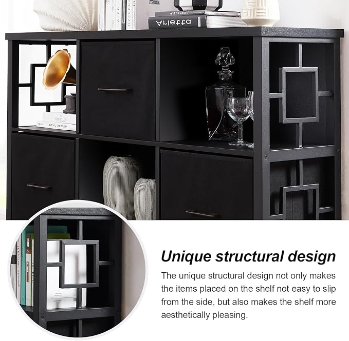 HOMISSUE 6 Cube Storage Organizer Shelf, Rustic Short Bookshelf with 3 Storage Bins, Industrial Horizontal Bookshelf with Metal Frame, Low and Wide Cube Bookcase for Living Room and Office, Black
