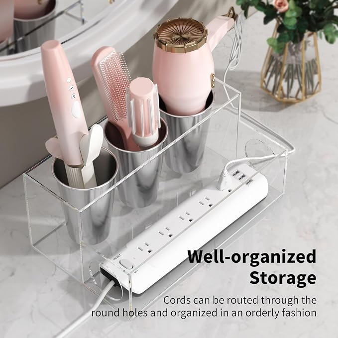 NIUBEE Acrylic Hair Tool Organizer,Hair Dryer Holder Countertop with 3 Cups | Clear, Hot Tools Organizer, Hair Blow Dryer Organizer for Curling Iron, Brush, Straightener, Makeup,Skincare,Vanity, Bathroom