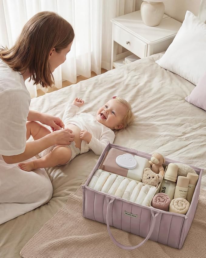 Blissful Diary Baby Diaper Caddy Organizer, Stylish Storage Basket for Newborn Essentials and Diaper Station, Gift for Baby Shower and Registry Must-Have, Mauve Pink | Stylish Storage Basket