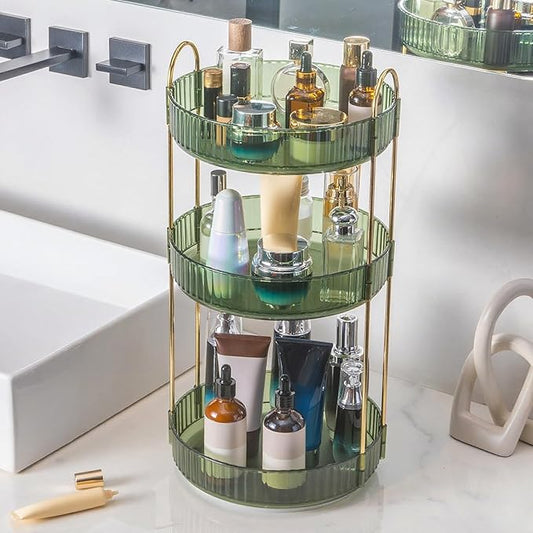 INVSSENE 360° Rotating Makeup Organizer, Bathroom Make Up Spinning Holder Rack, Large Capacity Cosmetics Storage Vanity Shelf Countertop, Fits Cosmetics, Perfume, Skincare(3 Tiers, Green)