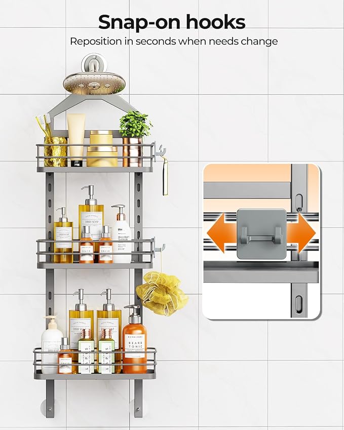 ODesign 3 Tier Adjustable Shower Caddy Hanging Over Head Anti-Swing Grey | Shower organizer hanging,no drilling required,comes with removable hook and storage box, suitable for indoor showers