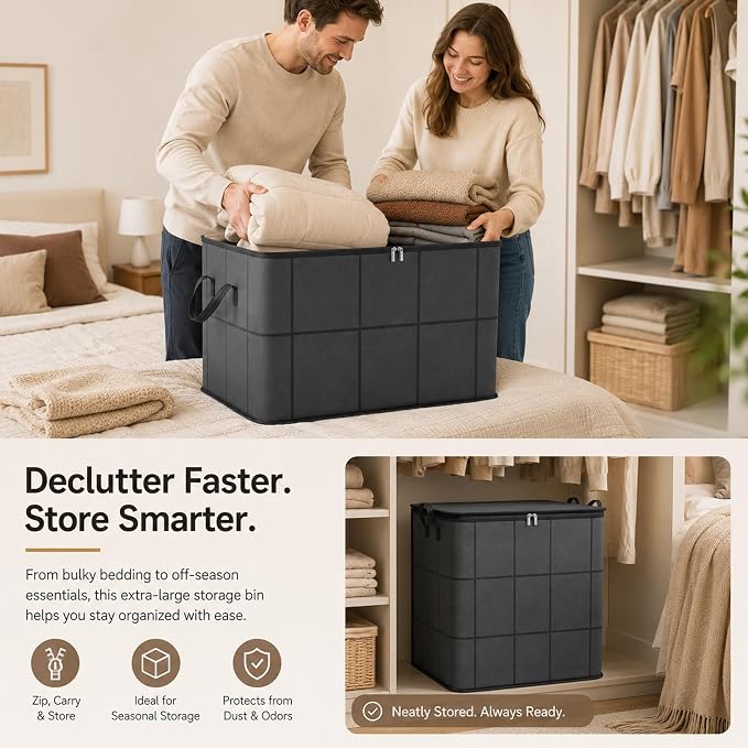 210L Spacious Moving Storage Bin, Large Zippered Fabric Organizer with Reinforced Handles, Foldable Blanket Storage Bag for Bedding, Clothes, Quilts, Comforters and Moving Day，1：M: 19.7x15.7 in