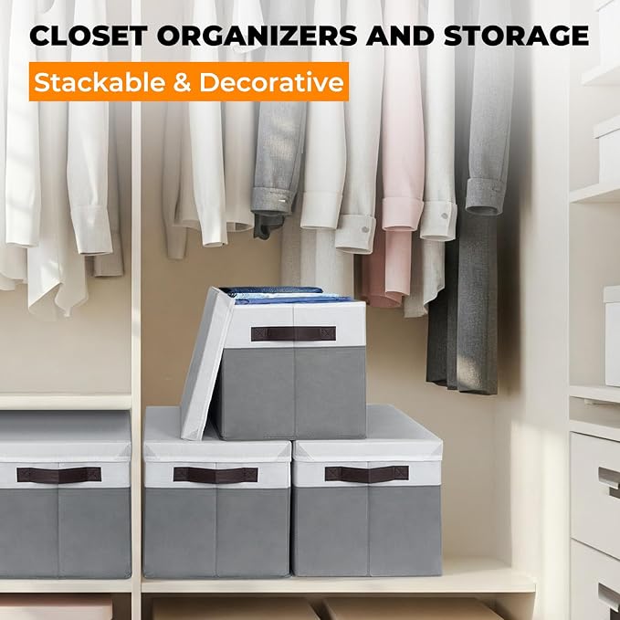 Extra Large Storage Baskets with Lids 4 Pack, 33 QT Throw Blanket Basket for Living Room - Stackable Decorative Closet Shelf Organizers and Storage Box for Organizing Clothes Towels Book - 16x12 in