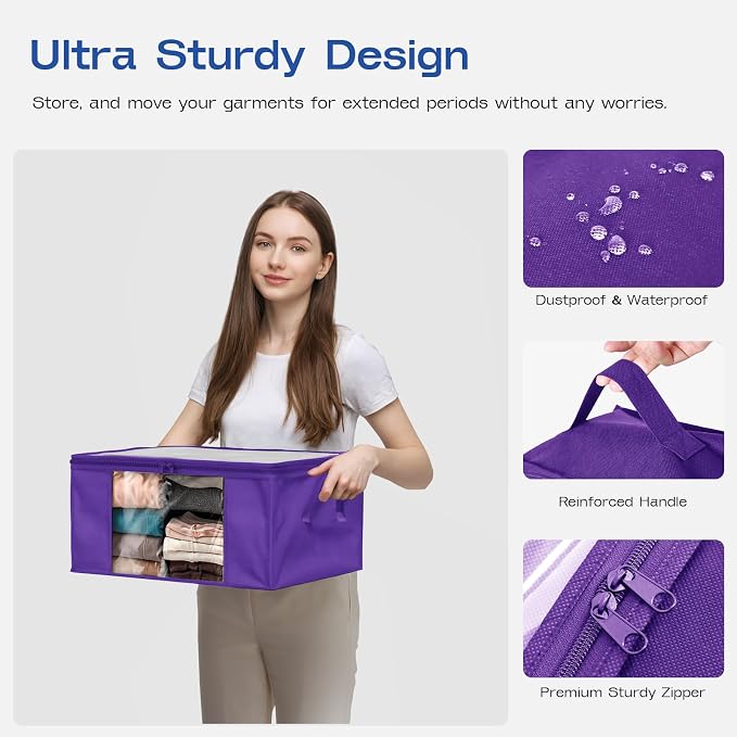Clothes Storage Bags, Foldable Thick Fabric Blanket Storage Bags, Large Clear Window & Carry Handles, Great for Clothes, Blankets, Closets, Pillows (Purple, 6PACK)