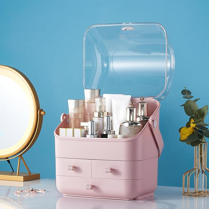 Large Makeup Organizer w Drawers Beauty Organizer Makeup Box Holder Vanity Organization Desk Countertop MakeUp Organizers Bathroom Counter Organizer Skincare Cosmetic Case Stand Dustproof Lid Gift