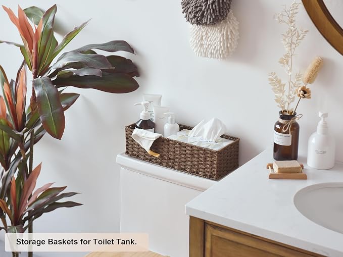 StorageWorks Toilet Tank Basket, Wicker Toilet Paper Baskets, Brown | Wicker Baskets for Bathroom Decor, Paper Rope Bathroom Basket Organizer and Storage for Tank Topper, 2 Pack