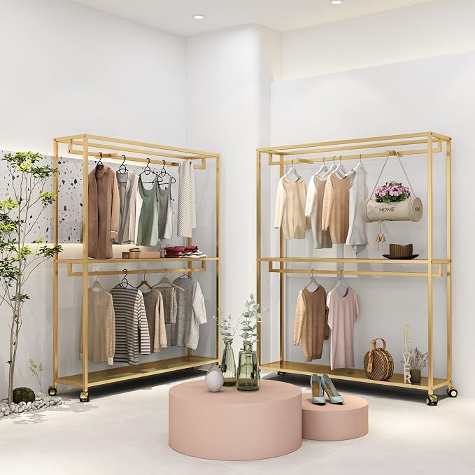 TIEOU Gold Clothes Racks Free-Standing, Gold Clothing Rack with Shelves for Boutiques, Heavy Duty Garment Rack for Hanging Clothes, Large Wardrobe Closet(Only One Shelf)