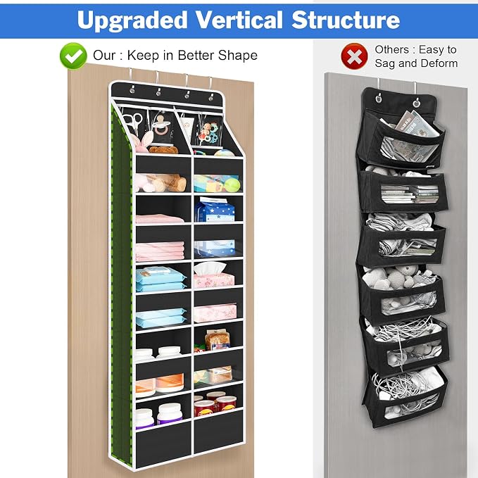 Univivi Upgraded Over the Door Organizer for Baby Nursery, Black, 6-Shelf | Fabric Door Organizer with Clear Window Deep Pockets, Over Door Hanging Organizer for Baby Essential, Bedroom, and Dorm