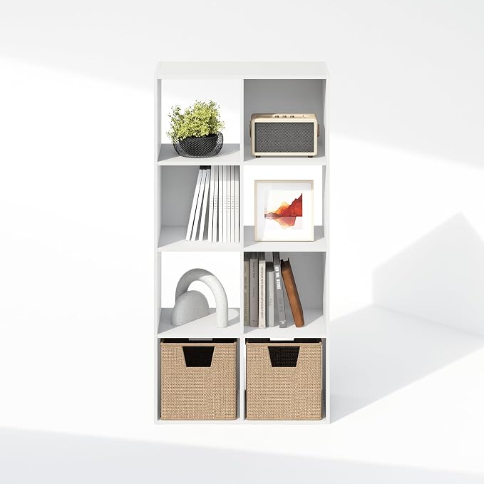 Furinno PELLI Book Shelf, 8-Cube Bookshelf, Horizontal Cube Storage Organizer Bookcase, 11.7 x 23.7 x 47, for Living Room, Bedroom, Home Office, White