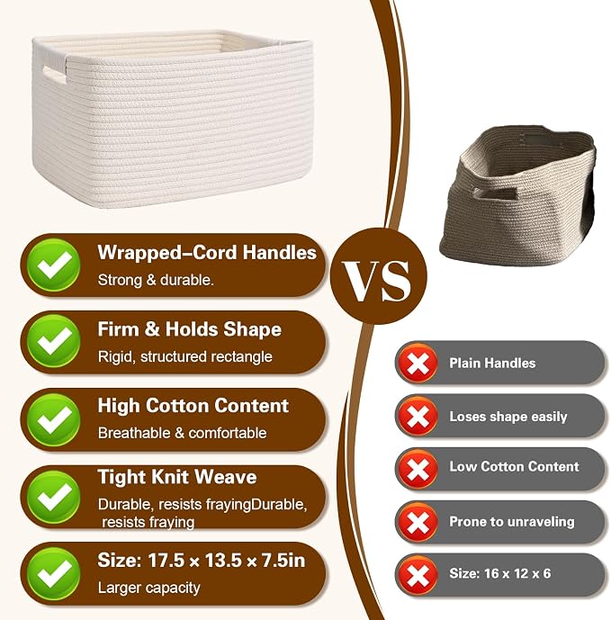 2 Pack Large Storage Basket for Organizing, 17.5"x13"x7" Woven Basket for Shelves, Closet Cube Storage Bins with Wrapped Handle, Cotton Rope Baskets for Kitchen, Clothes, Toys(Off White)