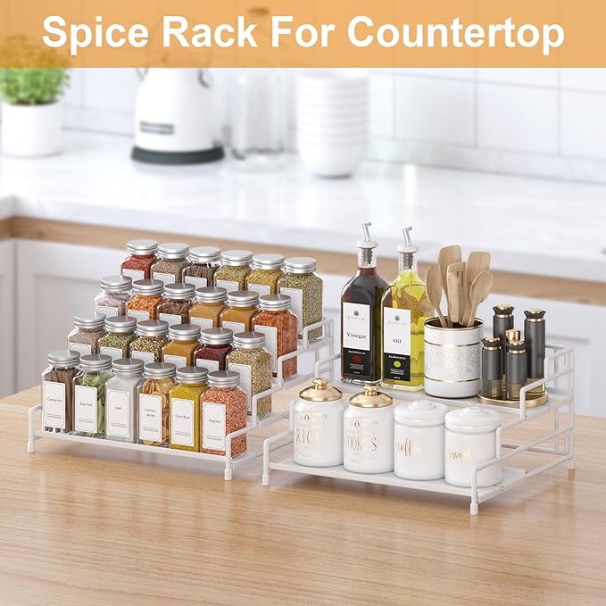 RUILALIFE 4-Tier-Spice-Rack-Organizer-for-Cabinet, Adjustable Depth Spice Holder Shelf For Countertop Pantry Cupboard, Metal Tiered Seasoning Organizer,Display Shelf Riser (White-2 Pack)