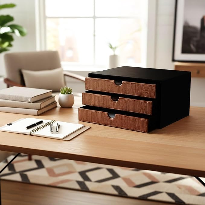 UnionBasic Document Organizer, 3-Drawer File Cabinet Document Storage Box, Office Desktop Filing Organizer, Black with Wood Grain Drawers