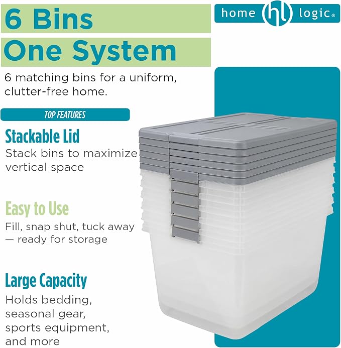 Home Logic 66 Qt Latched Storage Bin with Lid, Stackable Plastic Storage Container, Organizer for Home, Garage & Closet, 6 Pack, Gray