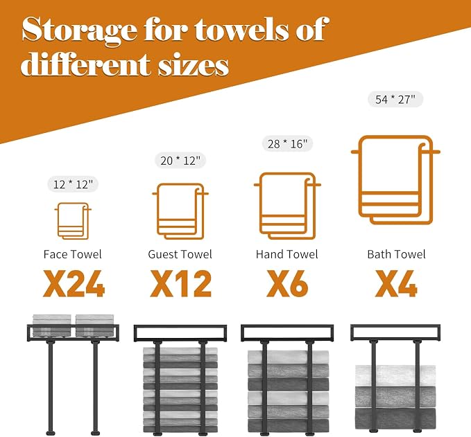 Towel Racks for Bathroom Wall Mounted, Xstydes Metal Towel Holder with Wooden Shelf for Folding Large Towels, Towel Storage for Small Bathroom Organizer Decor or RV Camping, Black