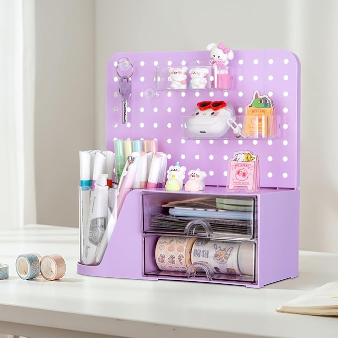 Comix Desk Organizer with 2 Drawer, Purple 360 Rotating Pen Holder for Desk | Desk Organizers and Accessories with 5 Slots Pencil Holder+Pegboard+Drawer, Pen Organizer for Home School Art Office Supplies