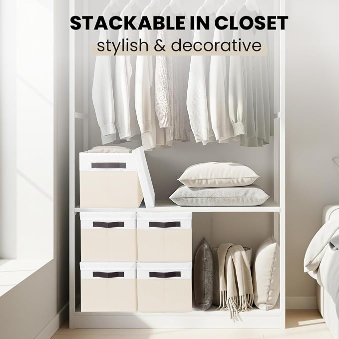 Large Closet Organizer Bins with Lids 8 Pack - Nursery Storage Baskets for Shelves Bedroom Dorm - Stackable RV Closet Organization Cubes Box with Handles for Clothes Purse Blanket Towel Magazine