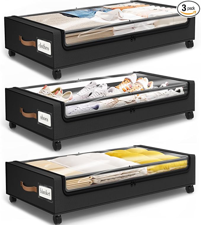 SpaceHacks Under Bed Storage with Wheels 3Pack Storage Containers with Clear Window&Label Under Bed Drawers Rolling Under Bed Storage for Clothes,Shoes, Blankets (30.71 x 16.93 x 6.69 in, Black)