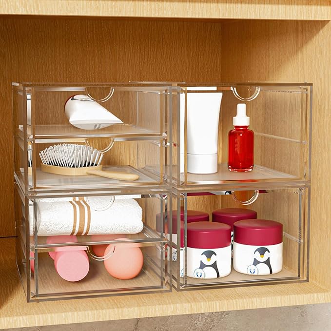 caktraie 4-Pack Acrylic 6-Drawer Office & Makeup Storage Organizer,Desk | Smooth-glide drawers, clear body, dustproof, wipe clean, for stationery, lipsticks, blush palettes, hair clips, sticky notes