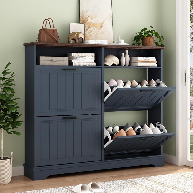 Hidden Shoe Storage Cabinet with 4 Flip Drawers & Open Storage | Farmhouse Modern Shoes Rack Cabinet,Adjustable Shelves ,Narrow Slim Shoe Organizer for Entryway,Foyer,Hallway,Navy Blue