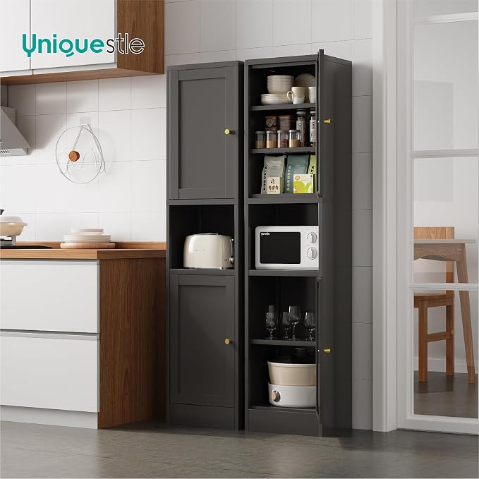 67" Tall Narrow Storage Cabinet with Doors and Open Shelf,Metal Pantry Cabinet,Shaker Style Slim Cabinet with Adjustable Shelves,for Bathroom Kitchen Laundry Small Spaces, Black, 1Pc