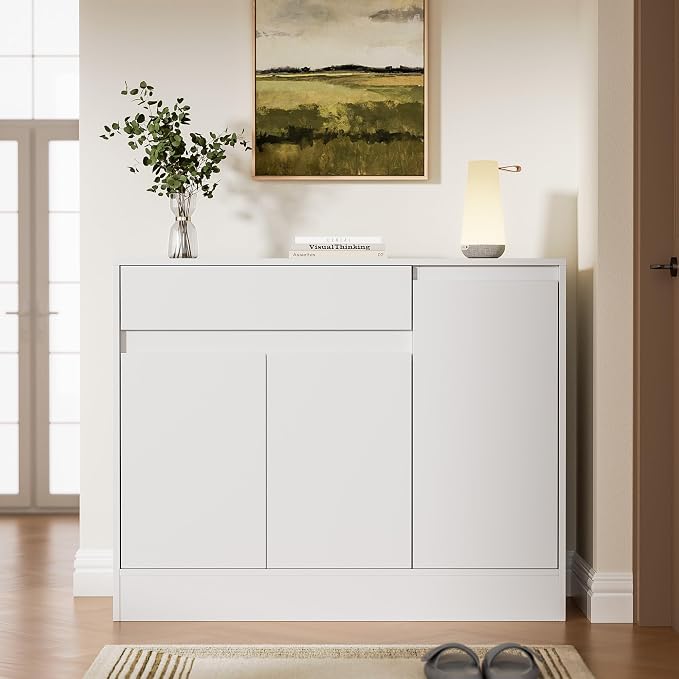 Housoul 39.4" W Shoe Storage Cabinet with 3 Doors & Drawer, White | Freestanding Modern Shoe Cabinet with Drawer & Adjustable Shelves, Wooden Shoe Organizer Cabinet for Entryway, Hallway