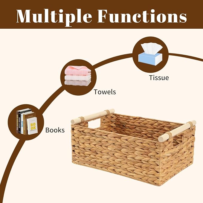 Wicker Storage Basket, Woven Shelf Organizer, 15.5x10.8x6.2 | 15.5x10.8x6.2" natural wicker basket with handles; rectangular shelf organizer for kitchen, bathroom and living spaces.
