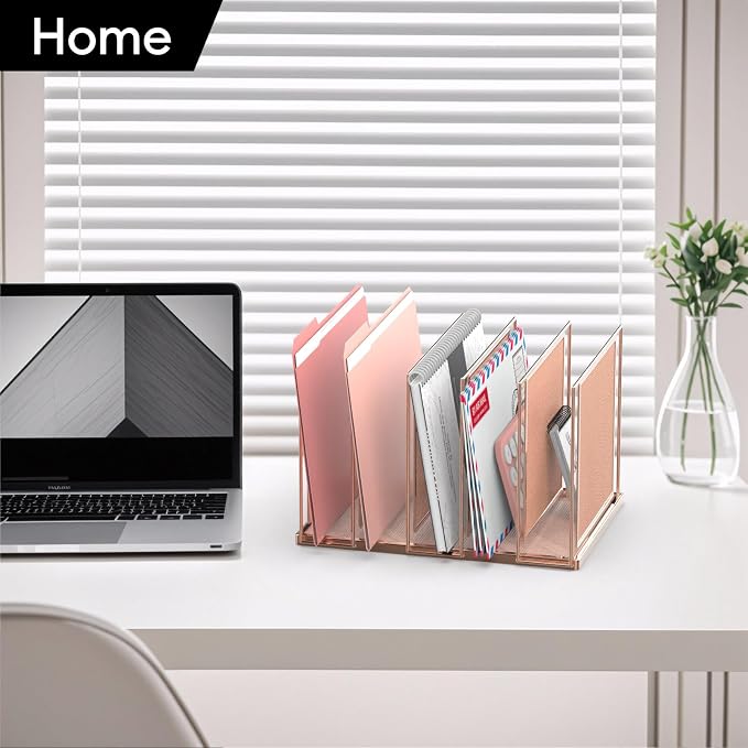 File Organizer for Desk, 5-Section Vertical File Sorter, Paper Holder Organizer Standing Metal File Folder for Office Home Classroom, Rose Gold