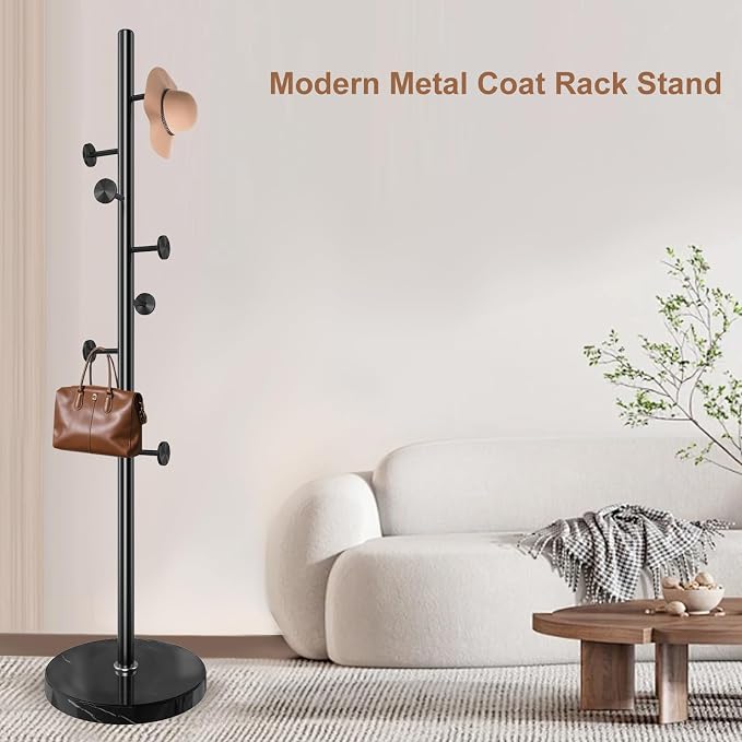 Coat Rack Stand,Black Metal Coat Rack Freestanding with 8 Hooks | Modern Coat Rack with Natural Marble Base,Coat Hanger Stand, 3 Adjustable Coat Clothes Tree Stand for Office