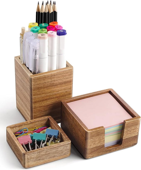 Acacia Wood Desk Organizer Set with Sticky Note Holder, Pencil Pen Cup & Paper Clip Storage, Office Desk Accessories for Marker Craft (Set of 3)