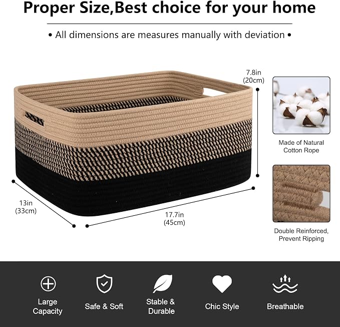 OIASKET Large Storage Basket for Organizing, Woven Rope Basket for Shelves, Closet Organizer Bins for Clothes, Blanket, Toys, Baby Nursery Storage, 17.7" x 13" x 7.87", 2 Packs Black & Brown