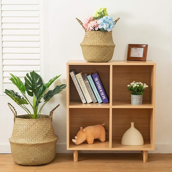 BrilliantJo Seagrass Belly Basket, Set of 2 Woven Plant Pot Holder handmade Home Decor for Storage Plants Picnic Grocery Medium(10.63 x 9.44 inch)