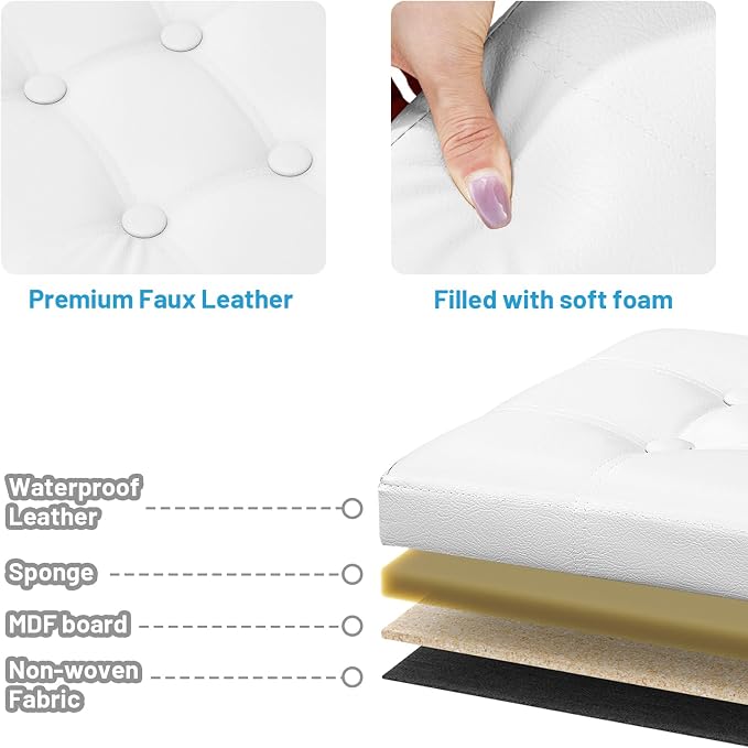 Bsketa Storage Ottoman Bench,16 Inch Folding Leather Foot Rest Stool, White | Small Ottoman with Side Pockets, Thicker Foam Padded Seat, Livingroom, Dorm, Bedroom, Easy to install, 38L, 16x12x12in