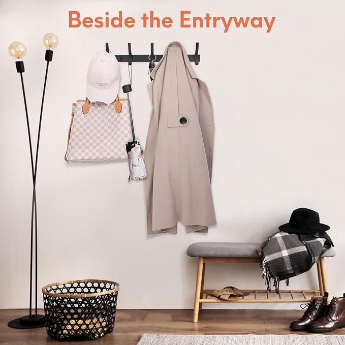 Optish Coat Rack Wall Mount, Coat Hook Wall Mount, Wall Hooks for Hanging, Hat Rack for Walls, Coats Hanger with 10 Hook, Towel Hooks for Bathrooms (2 Pack, Black)