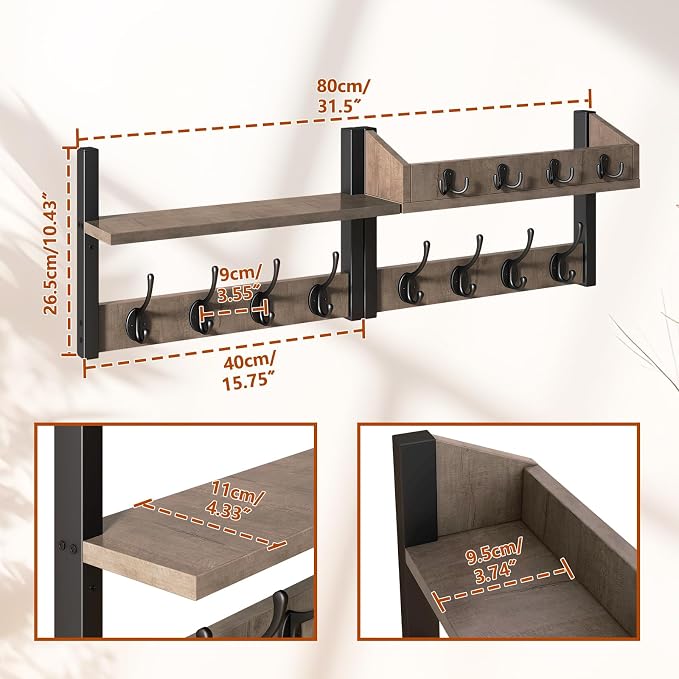 YMYNY 31.5" Coat and Key Rack Wall Mount with Shelf, Silver Gray, HWS007Y-2 | 4-in-1 Coat and Key Hanger with 12 Metal Hooks, Entryway Wall Shelf with Hooks & Mail Holder for Living Room, Bedroom