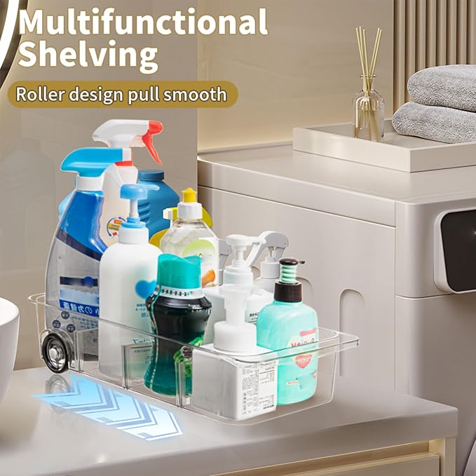 Roll-Out Refrigerator Organizers and Storage, 2 Pack Drawer Fridge Bins | Silicone Wheels, Adjustable Dividers, Thick Clear PET, Built-In Handle, for Fridge, Pantry, Bathroom & Kitchen Organization