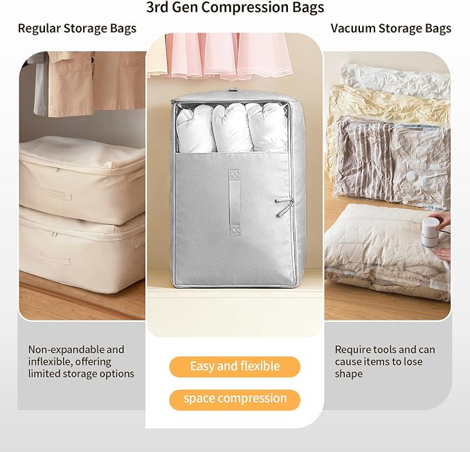 6 Pack Upgrade Comforter Storage Bag with Handle, Space Saving 3-Layer Adjustable In 3 Sizes (142L, 107L, 71L), Compression Blanket Storage Bags, Washable Bedding Organizer For Pillow Duvet Clothing