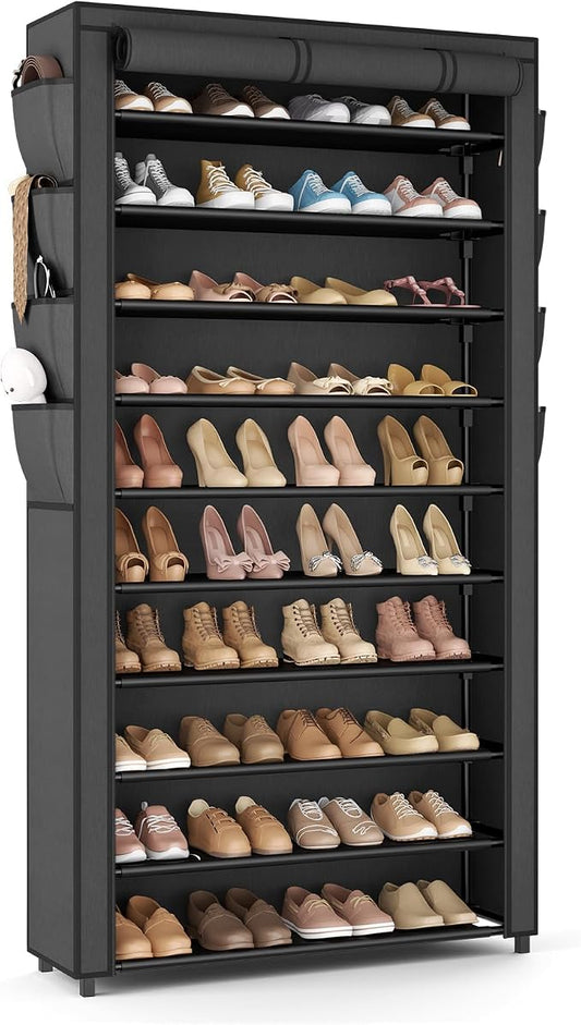 VTRIN Tall Shoe Rack with Cover, 10 Tier Shoe Organizer Storage for 50-55 Pairs Shoes and Boots Large Capacity Shoe Shelf with 8 Pockets Free Standing Shoe Rack for Closet, Entryway, Garage