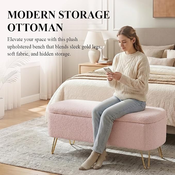 Modern Storage Ottoman Bench, Teddy Upholstered Entryway Bench with Gold Legs, Vintage End of Bed Bench with Safety Hinge, Padded Bench with Storage for Living Room, Bedroom, Entryway (Pink)