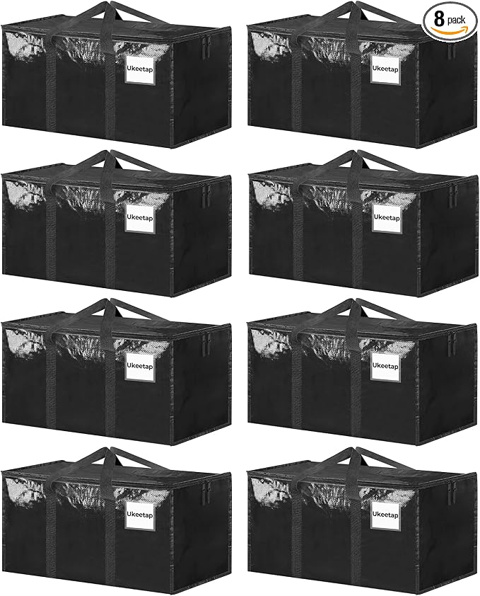 8 Pack Extra Large Clothes Storage Bins with Lids, Storage Bags with Reinforced Handles & Heavy-Duty Zippers, Moving Bags, Moving Boxes Totes for Clothes Packing, Dorms, College Supplies, Black