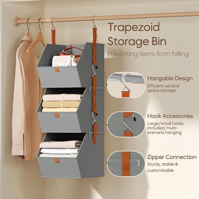 Collapsible Hanging Closet Organizer - 3 Tier Closet Shelves Storage System with Hooks, Fabric Hanging Storage Bins for Clothes, Foldable Storage Basket for Laundry, Bedroom, Rv, Grey