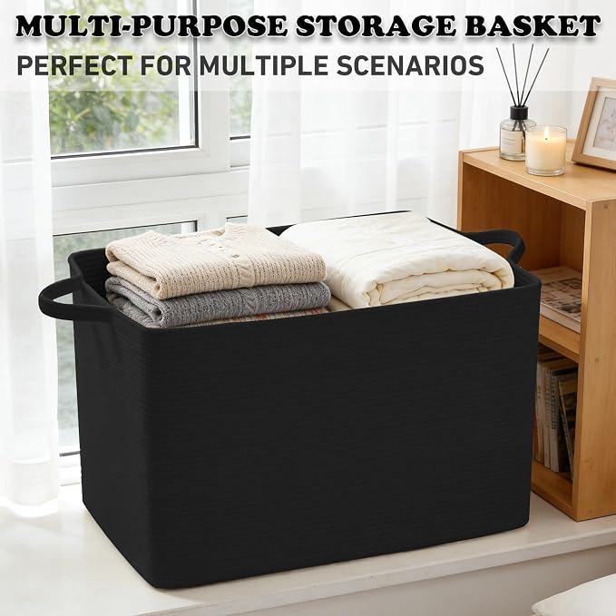 65L Collapsible Woven Rope Laundry Basket with Handles,Black | 21x16x12 Foldable Rectangular Blanket Basket for Toys, Clothes & Pillows,Ideal for Nursery, Bathroom, Bedroom, Living Room