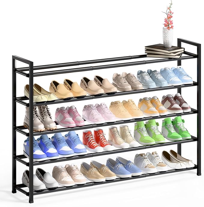 Bumusty 5 Tier Long Expandable Shoe Rack for Closet, Black | 18"-44" Adjustable Shoe Rack for Entryway, Shoe Organizer for Dorm, Front Door, Sturdy Metal