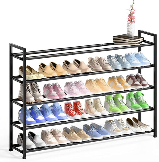 Bumusty 5 Tier Long Expandable Shoe Rack for Closet, Black | 18"-44" Adjustable Shoe Rack for Entryway, Shoe Organizer for Dorm, Front Door, Sturdy Metal