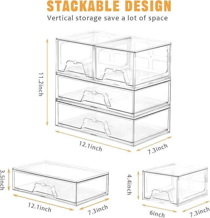 4 Pack Stackable Storage Drawers, Clear Acrylic Organizer, Makeup Organizer | with Pull-out Drawer,Pantry Organization for Beauty Supplies,Ideal for Vanity, Bathroom,Cabinet
