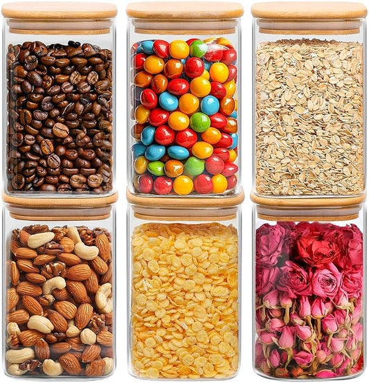 ComSaf Glass Storage Containers wtih Lids 1.2 Qt, Set of 6 Food Storage Jar | Glass Pantry Storage Containers, Square Kitchen Canisters, Pantry Organizers, Tea, Oat, Spice, Coffee, 37oz Jars, BPA Free