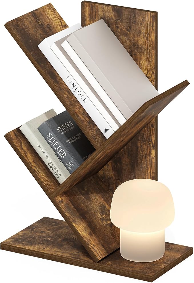 Furinno Tree Book Shelf, 3-Tier Bookshelf with Angled Open Shelf, Tree Bookcase for Room Decor, 8.4 x 15.7 x 21.3, for Organization and Storage, for Living Room, Bedroom, Home Office, Amber Pine